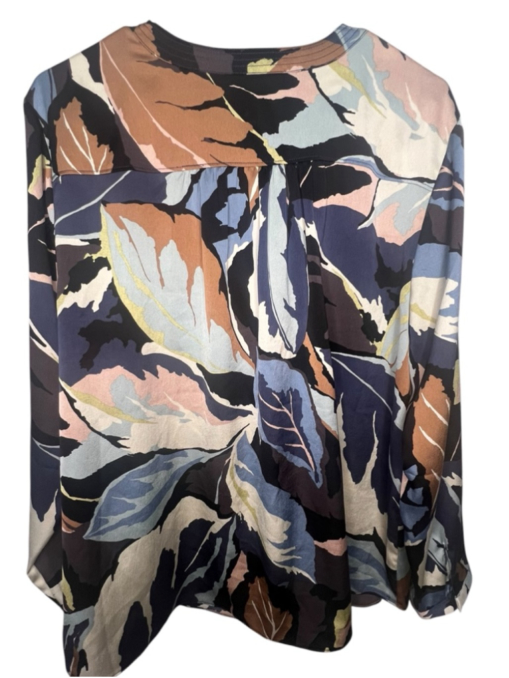 NIC+ZOE Multicolor Abstract Leaf Print Tie Neck Long Sleeve Loose Fit Blouse - Picture 6 of 7